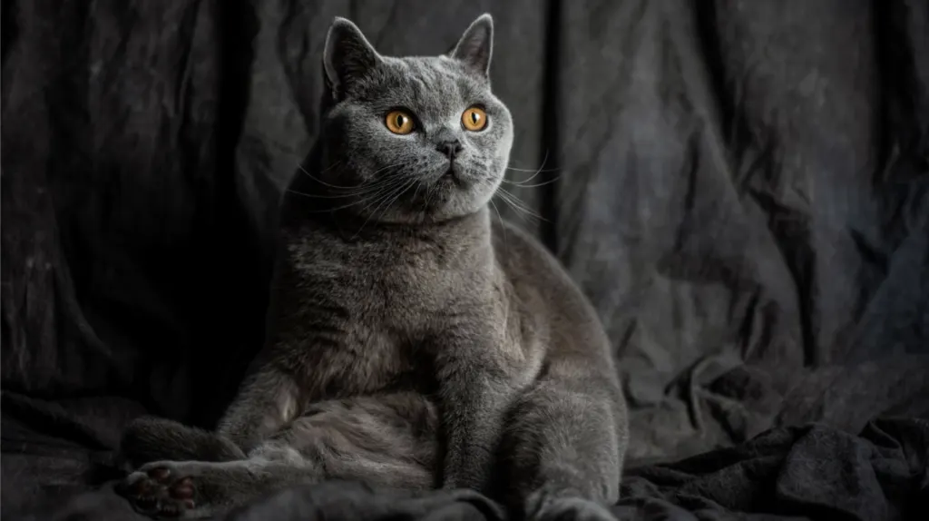 Kucing British Shorthair dengan wajah bulat dan mata besar yang menggemaskan