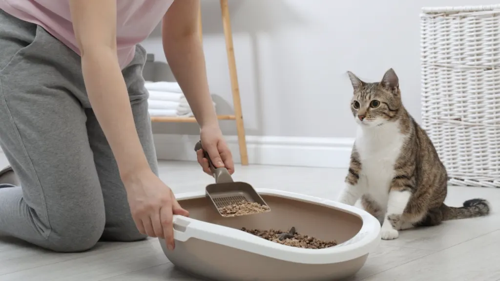Seorang pemilik kucing sedang membersihkan kotak pasir untuk mengurangi bau kotoran